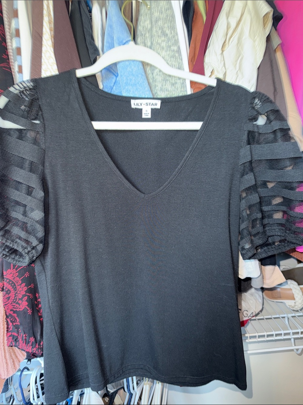 Lily Star Black V-Neck Top with Sheer Striped Puff Sleeves